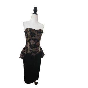 80s Velet Strapless Black Mini Dress Floral Holiday 2 Piece Set Cropped Blazer S